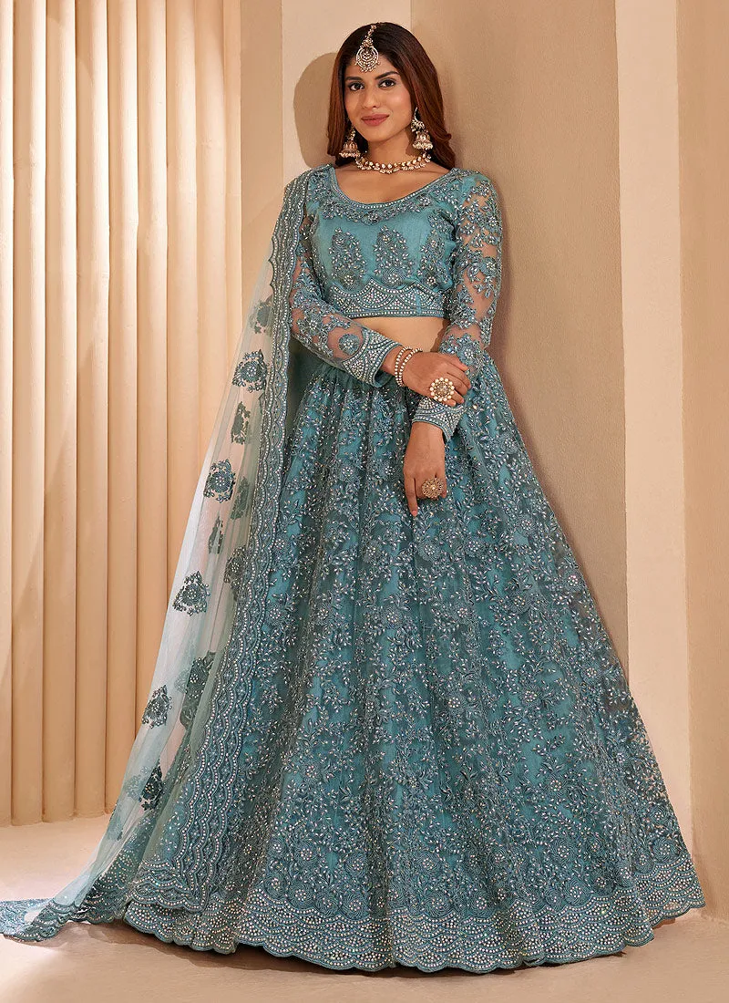Sky Blue Crystal Embroidered Wedding Lehenga Choli