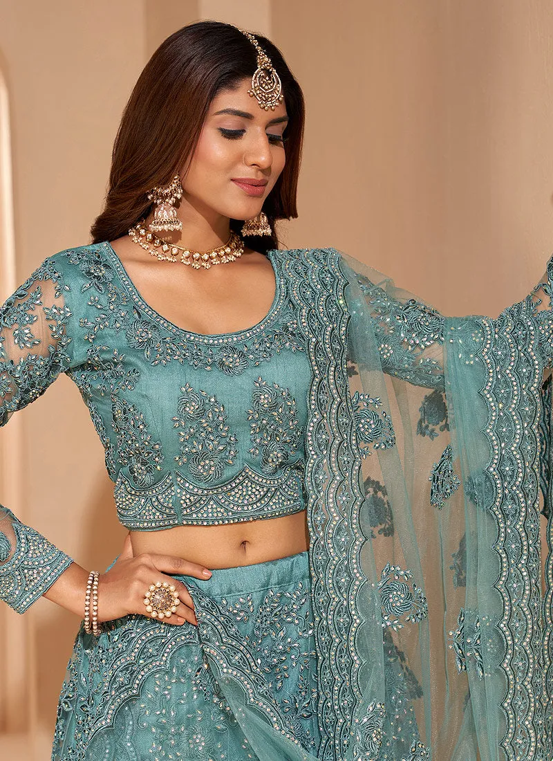 Sky Blue Crystal Embroidered Wedding Lehenga Choli