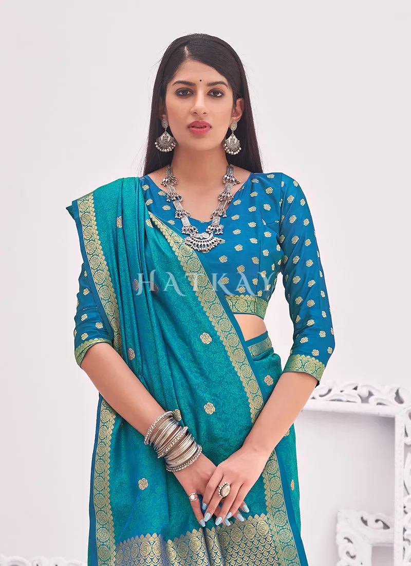 Sky Blue Embellished Banarasi Silk Saree