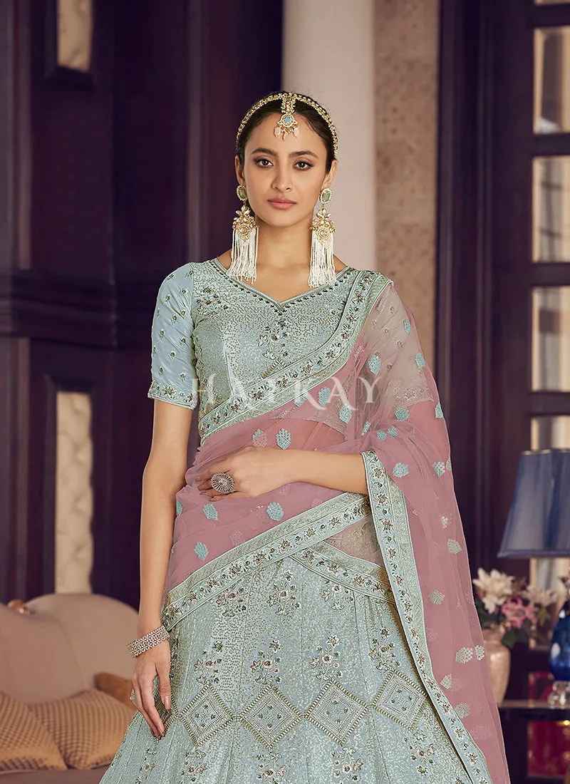 Sky Blue Embroidered Wedding Lehenga Choli