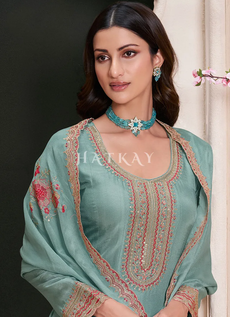 Sky Blue Embroidery Anarkali Dress