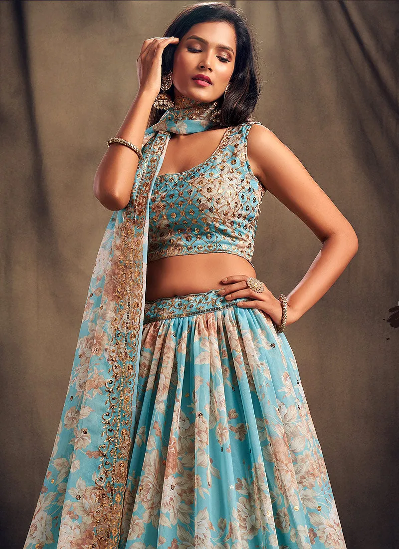 Sky Blue Golden Floral Printed Lehenga Choli
