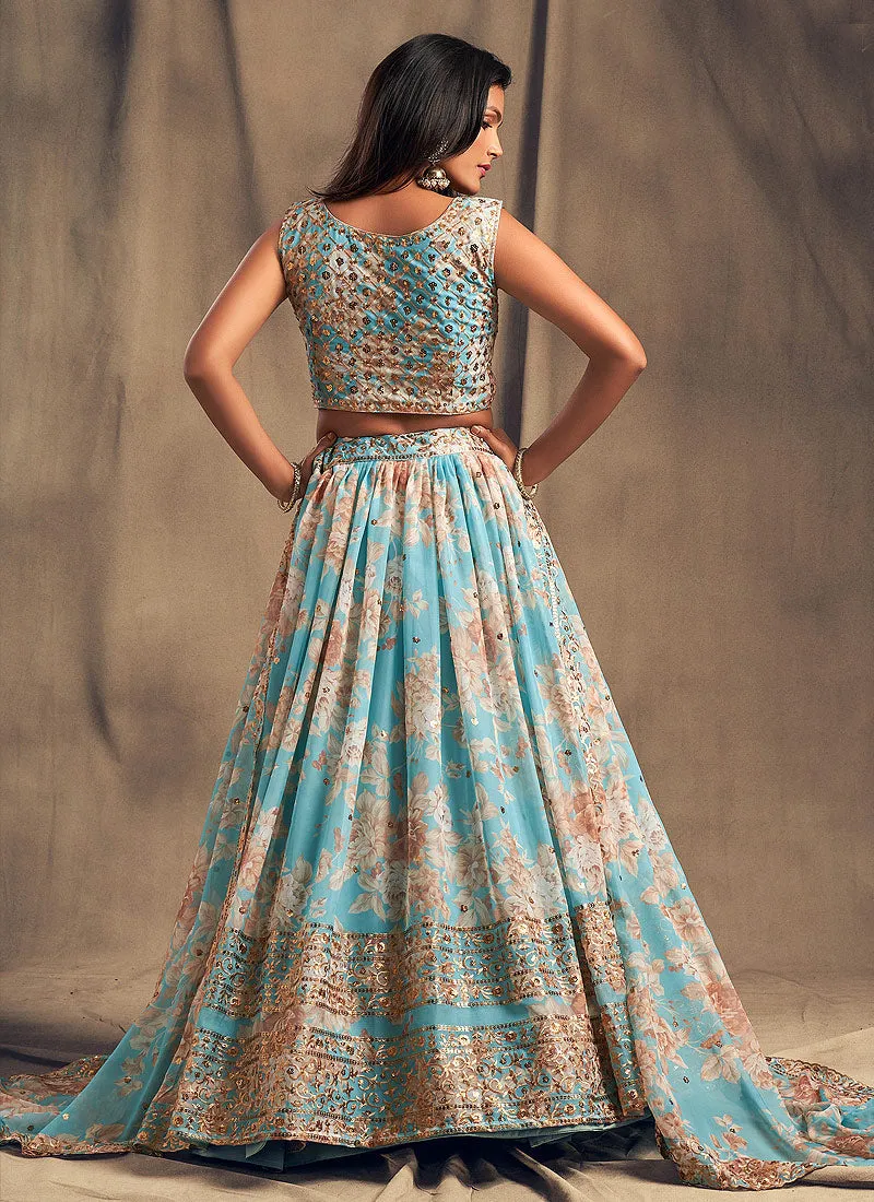 Sky Blue Golden Floral Printed Lehenga Choli