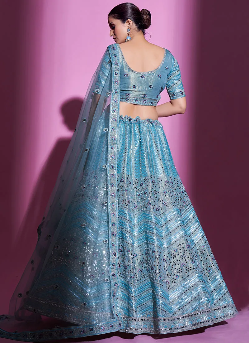 Sky Blue Mirror Work Embroidery Wedding Lehenga Choli