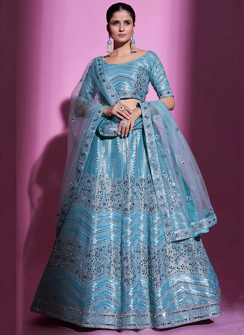 Sky Blue Mirror Work Embroidery Wedding Lehenga Choli