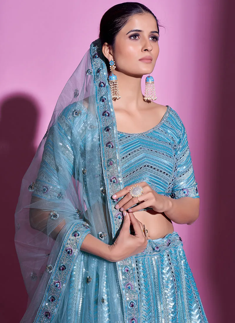 Sky Blue Mirror Work Embroidery Wedding Lehenga Choli