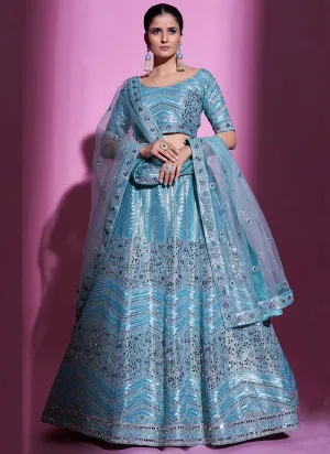 Sky Blue Mirror Work Embroidery Wedding Lehenga Choli