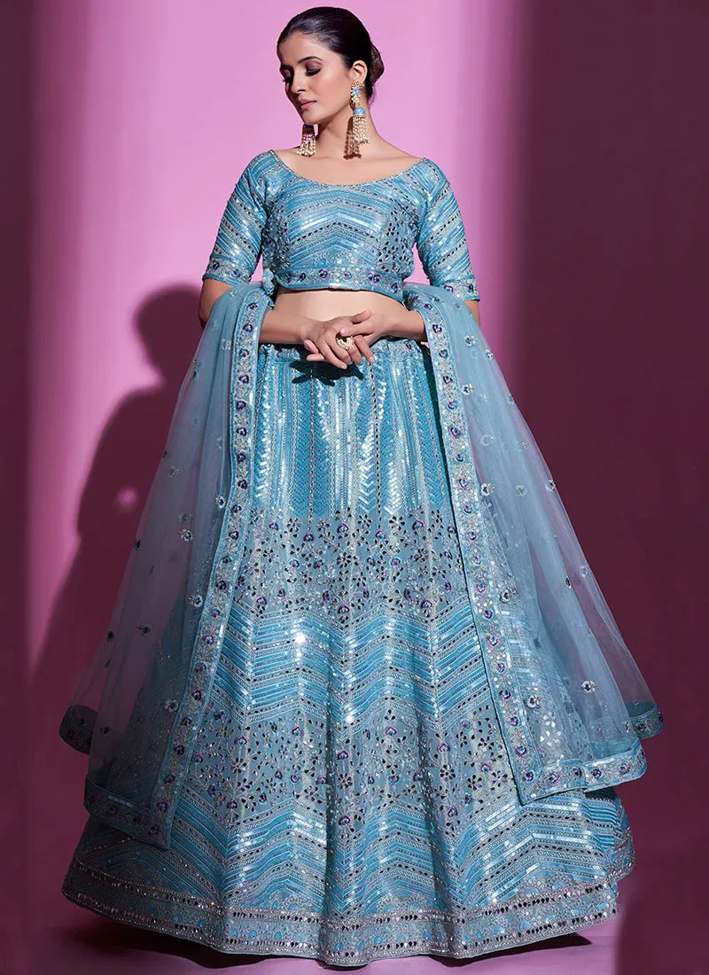 Sky Blue Mirror Work Embroidery Wedding Lehenga Choli