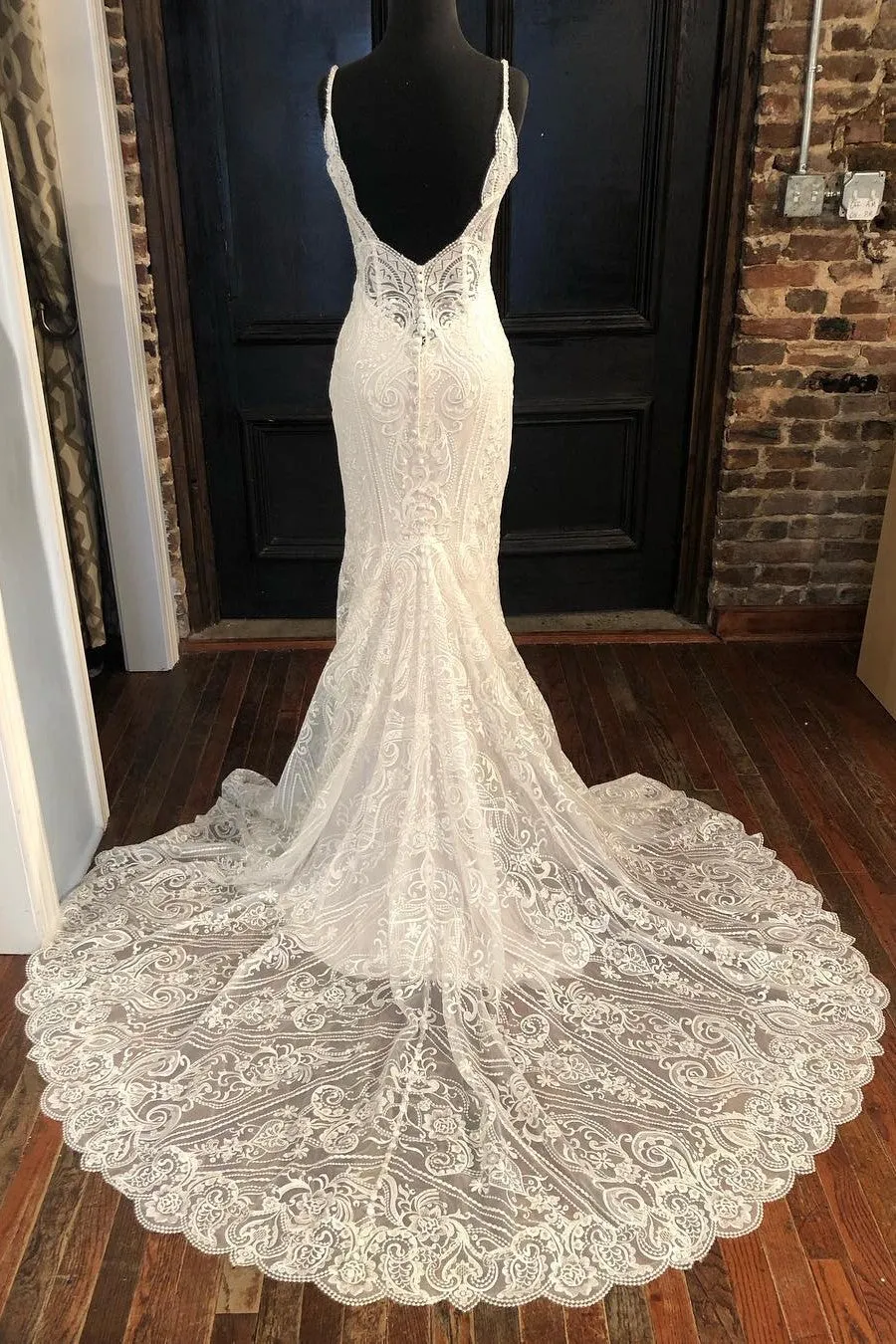 Spaghetti Straps Lace V Neck Wedding Dresses Mermaid Backless Wedding Gown Elegant Bridal Gown OHD196