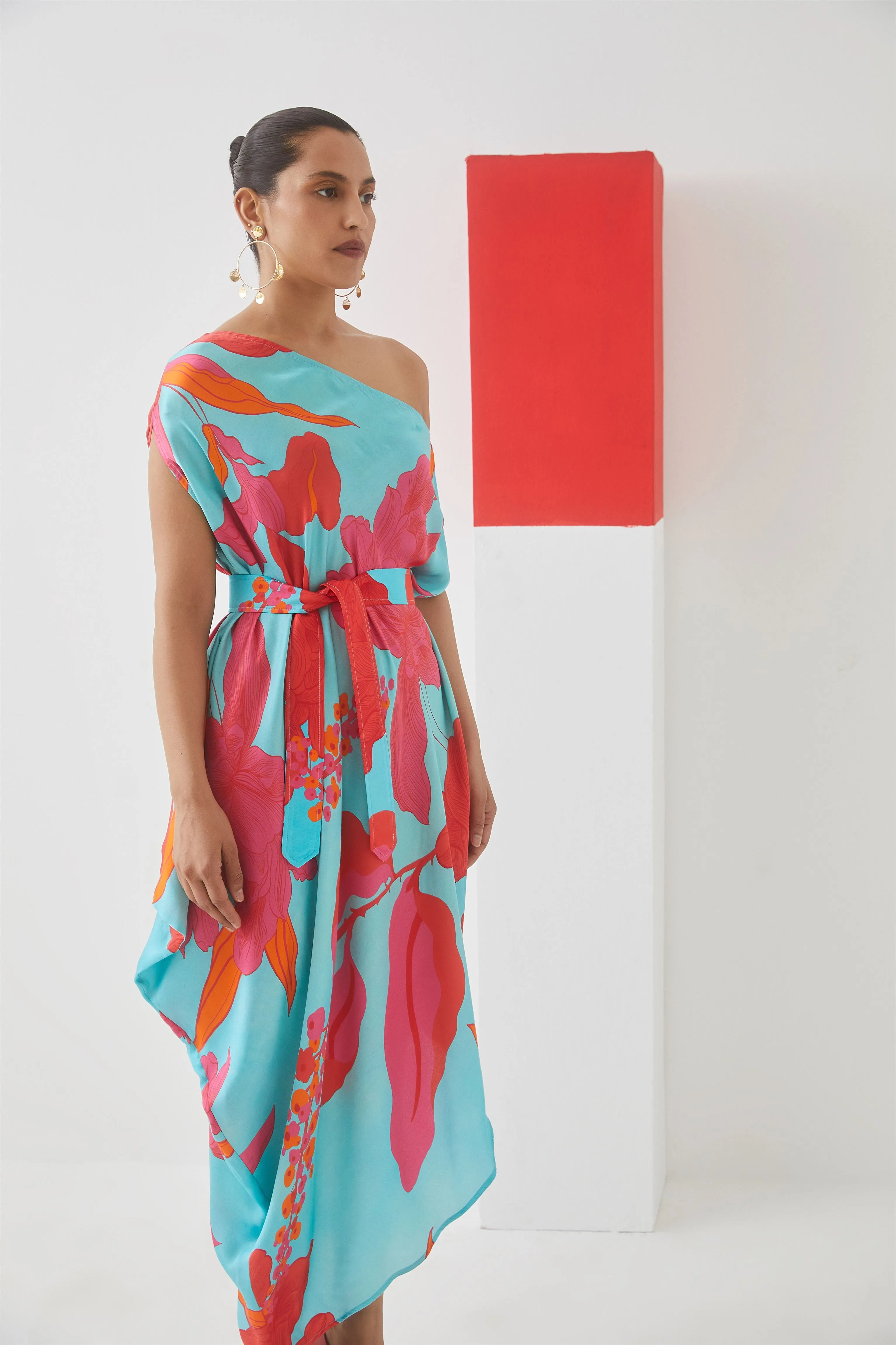 Studio Rigu Bolshaya Blue Rose Draped Dress Digital Print Vegan Silk Arcadia Collection