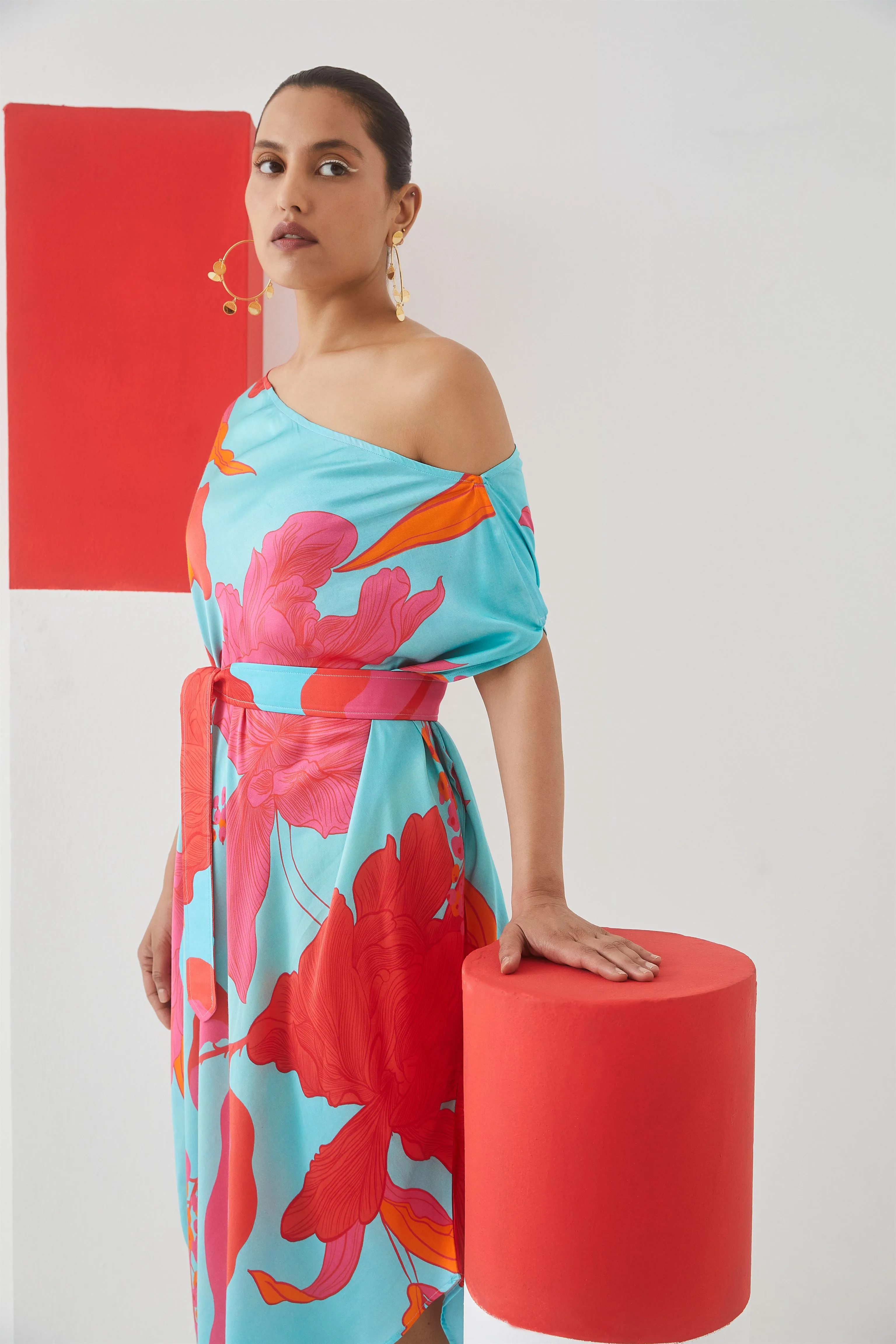 Studio Rigu Bolshaya Blue Rose Draped Dress Digital Print Vegan Silk Arcadia Collection