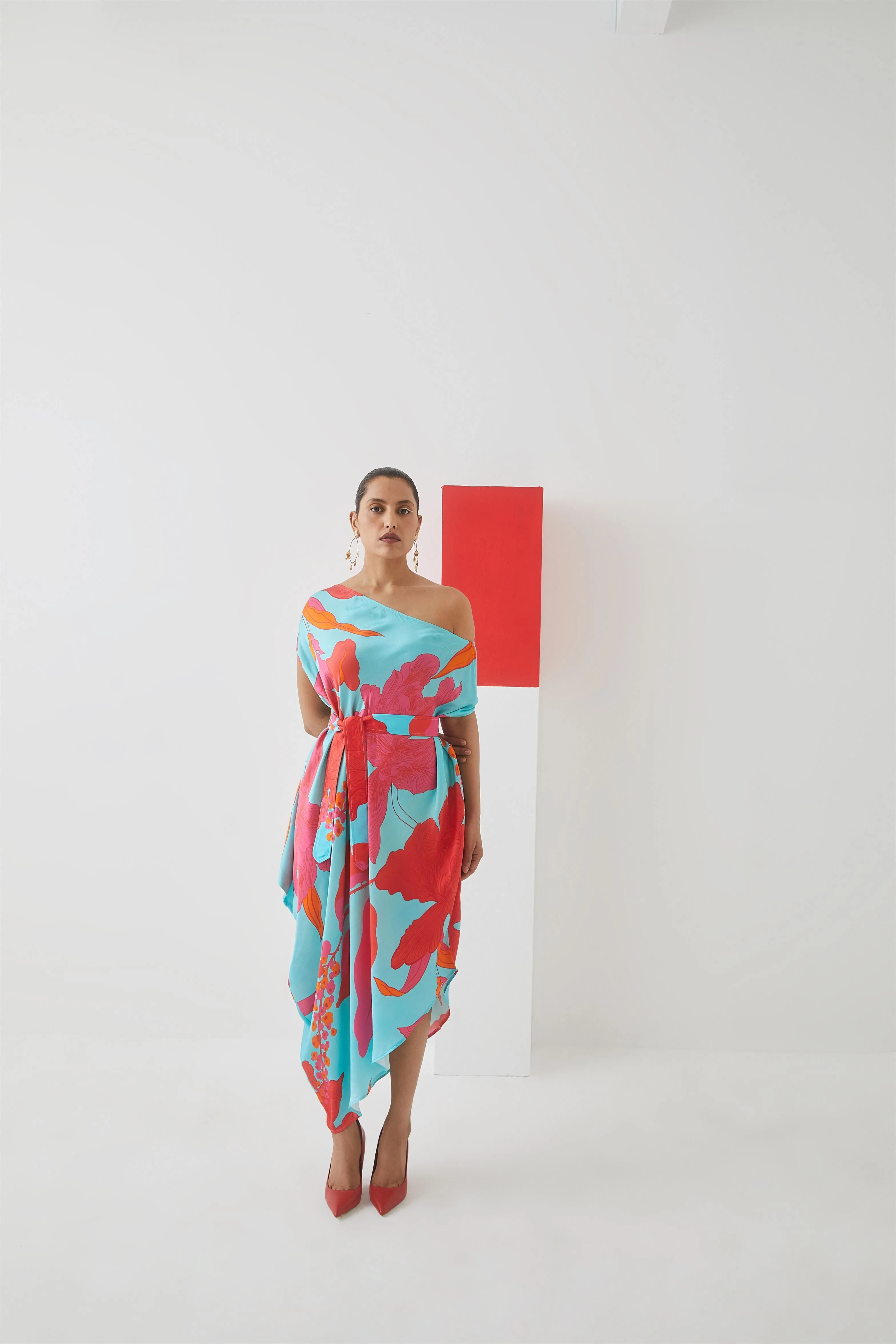 Studio Rigu Bolshaya Blue Rose Draped Dress Digital Print Vegan Silk Arcadia Collection
