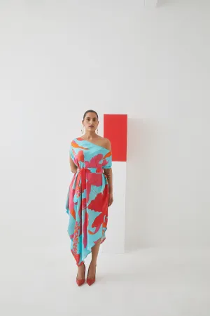 Studio Rigu Bolshaya Blue Rose Draped Dress Digital Print Vegan Silk Arcadia Collection