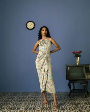 Studio Rigu   I   Atlas Halter Draped Dress Digitally Printed Vegan Silk Sky Blue Marble Print  Srch034