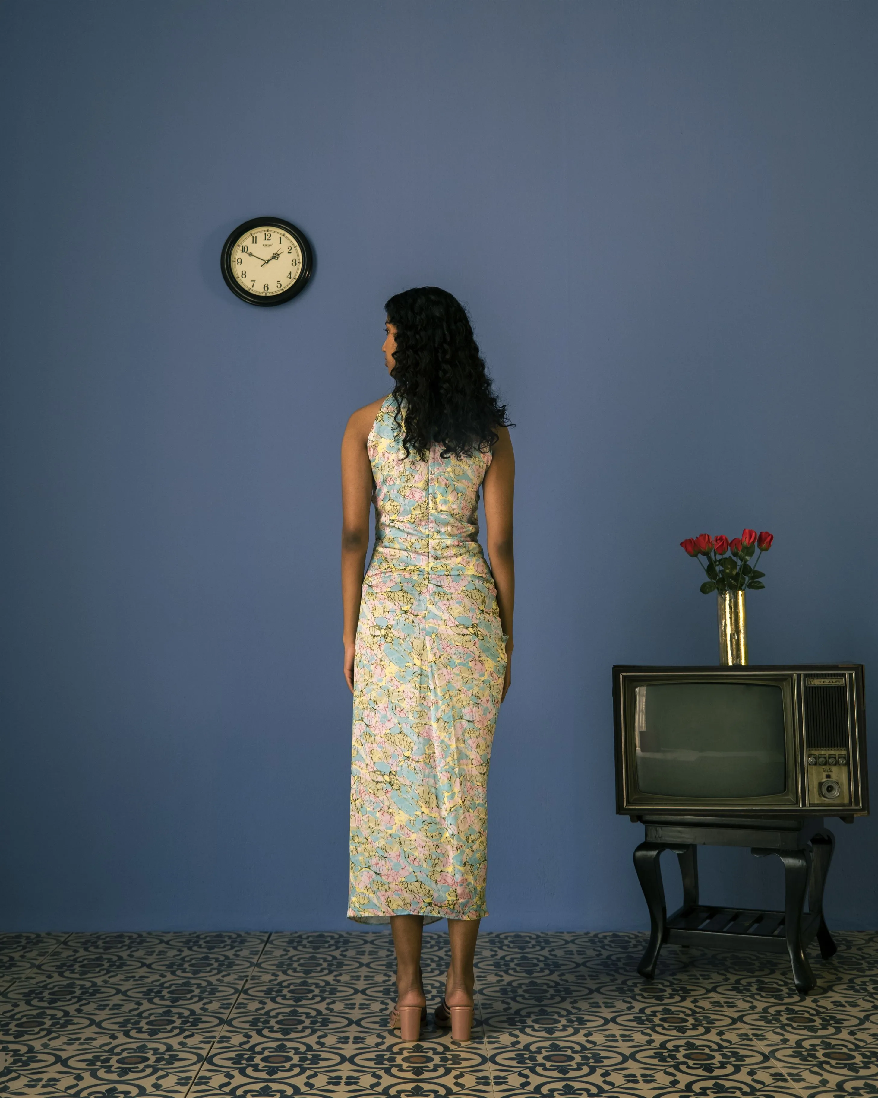 Studio Rigu   I   Atlas Halter Draped Dress Digitally Printed Vegan Silk Sky Blue Marble Print  Srch034