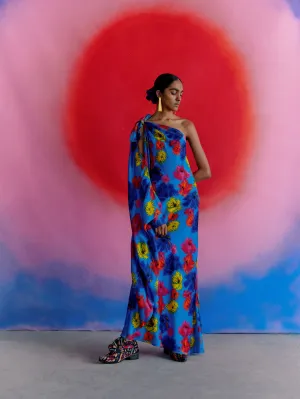 Studio Rigu   I   Womenswear, Western Eden One Shoulder Dress Blue Base With Big Flower In Red /Pink/ Blue  Srdd006