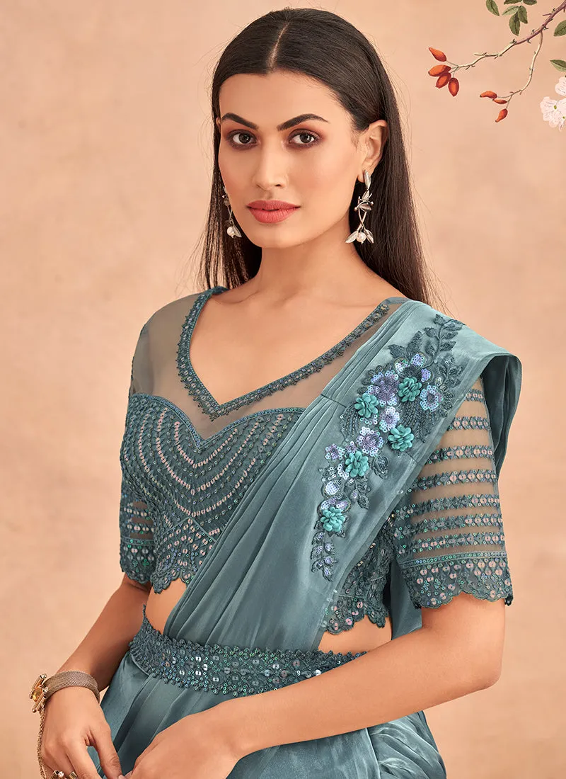 Teal Blue Appliqué And Sequence Embroidery Lehenga Saree