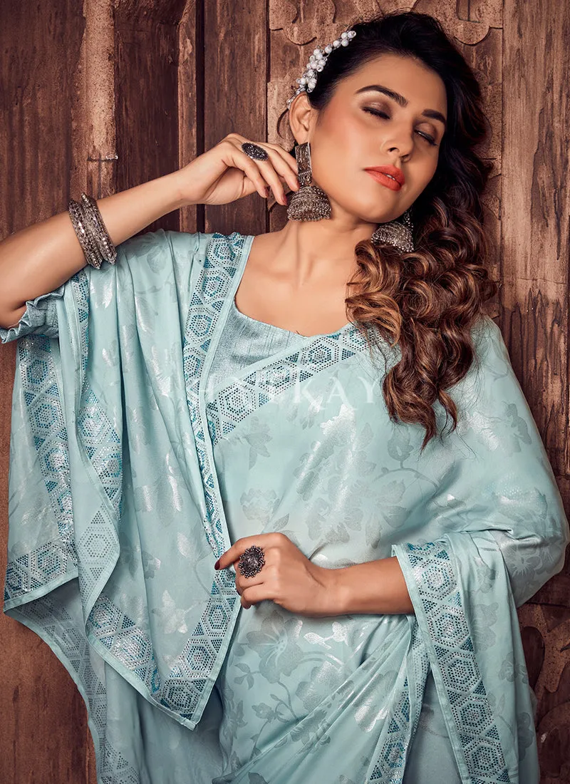 Teal Blue Designer Printed Silk Saree