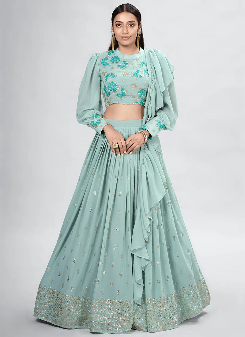 Teal Blue Embroidery Festive Lehenga Choli