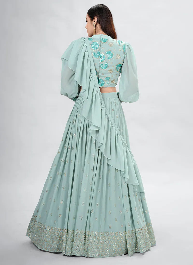 Teal Blue Embroidery Festive Lehenga Choli