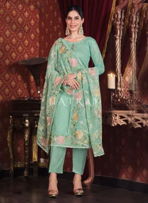 Teal Blue Floral Embroidered Pakistani Suit