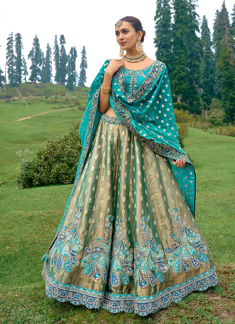 Teal Blue Golden Embroidery Wedding Lehenga Choli