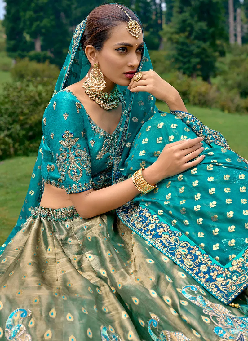 Teal Blue Golden Embroidery Wedding Lehenga Choli