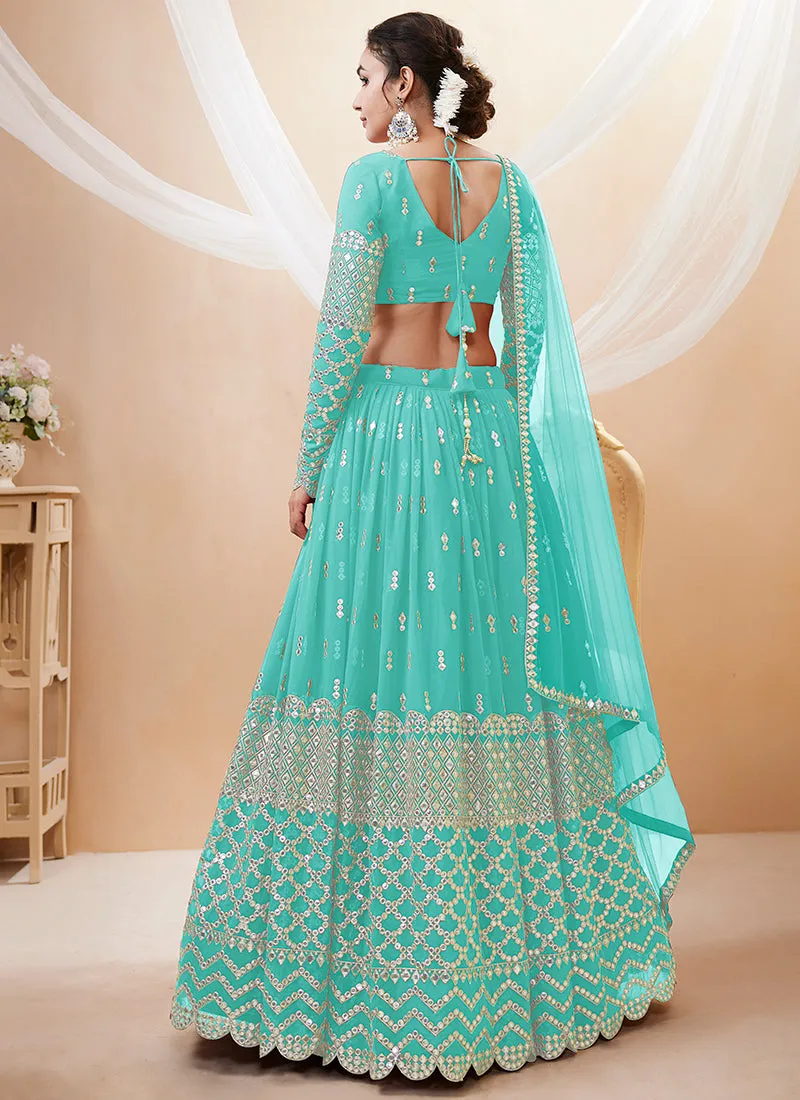 Teal Blue Mirror Work Embroidery Wedding Lehenga Choli