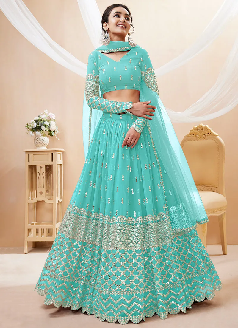 Teal Blue Mirror Work Embroidery Wedding Lehenga Choli