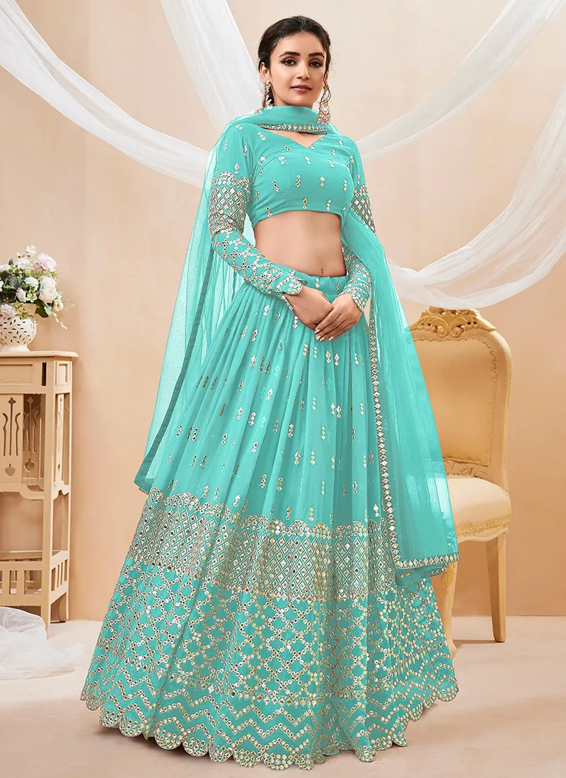 Teal Blue Mirror Work Embroidery Wedding Lehenga Choli