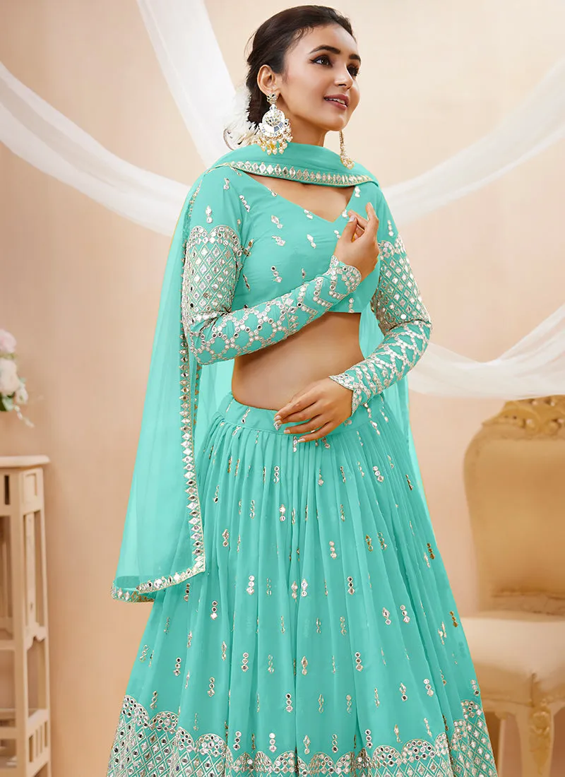Teal Blue Mirror Work Embroidery Wedding Lehenga Choli