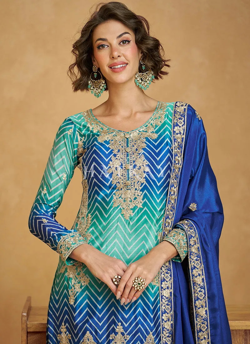 Teal Blue Ombré Designer Kurti And Sharara
