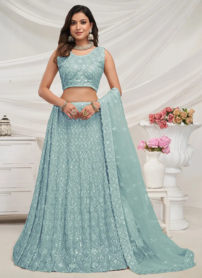 Teal Blue Sequence Embroidery Wedding Lehenga Choli