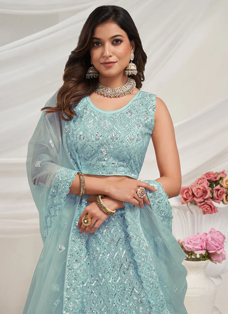 Teal Blue Sequence Embroidery Wedding Lehenga Choli