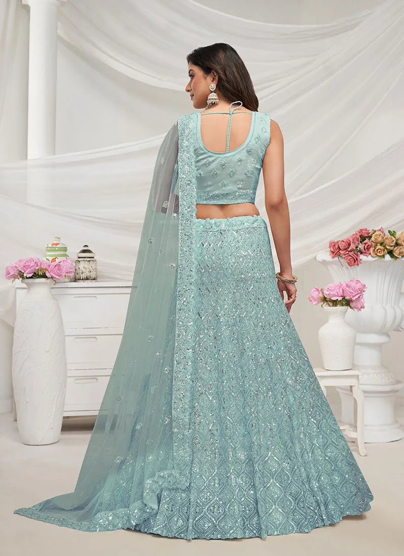 Teal Blue Sequence Embroidery Wedding Lehenga Choli