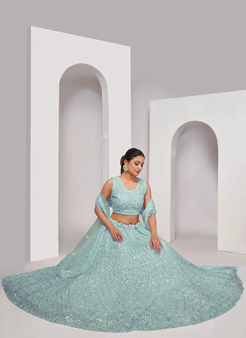 Teal Blue Sequence Embroidery Wedding Lehenga Choli