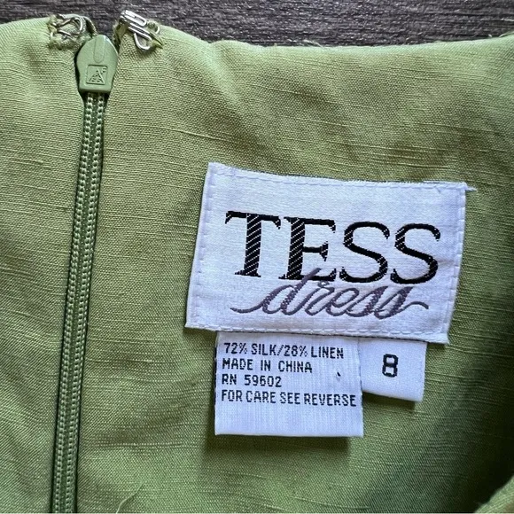 Tess Silk Linen Blend Green Sleeveless Knee Length Lined Dress Women's size 8
