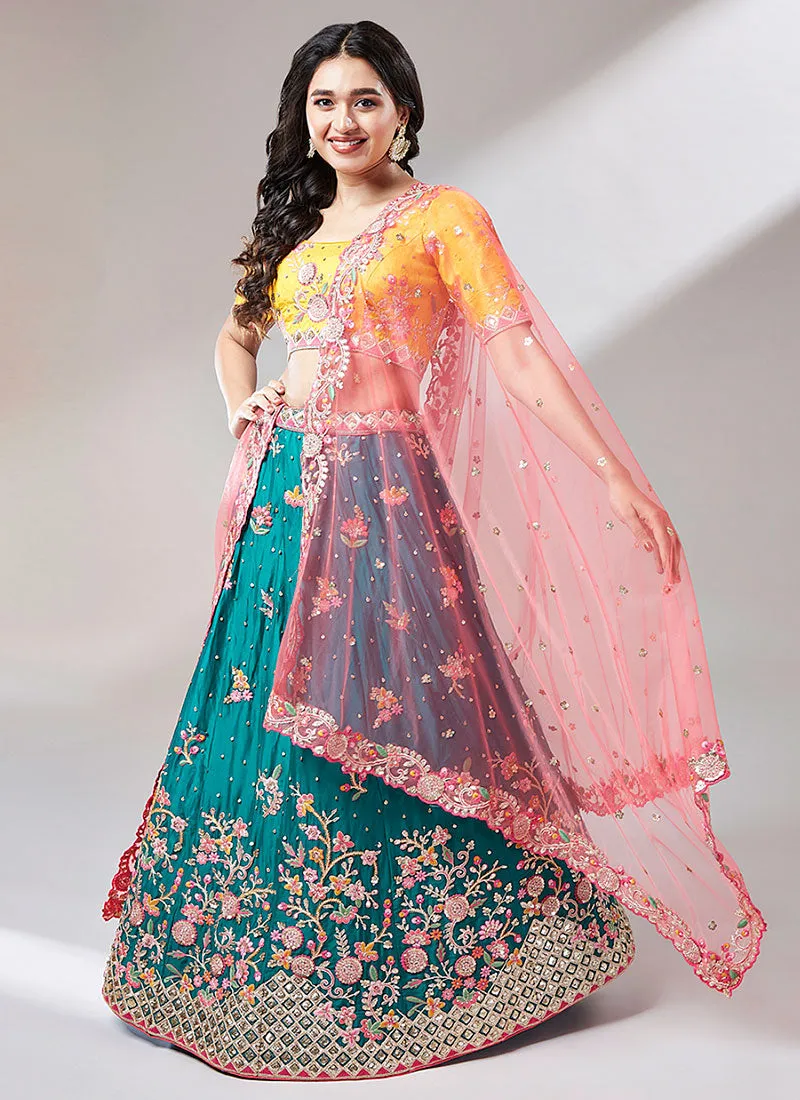 Turquoise And Yellow Multi Embroidery Lehenga Choli And Dupatta