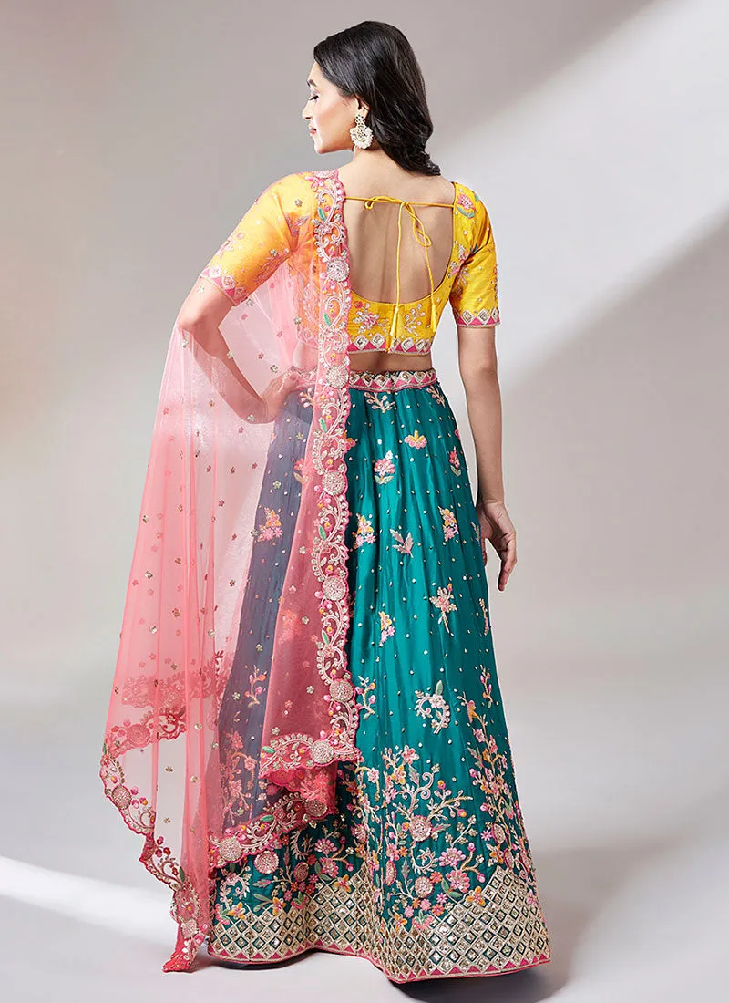 Turquoise And Yellow Multi Embroidery Lehenga Choli And Dupatta