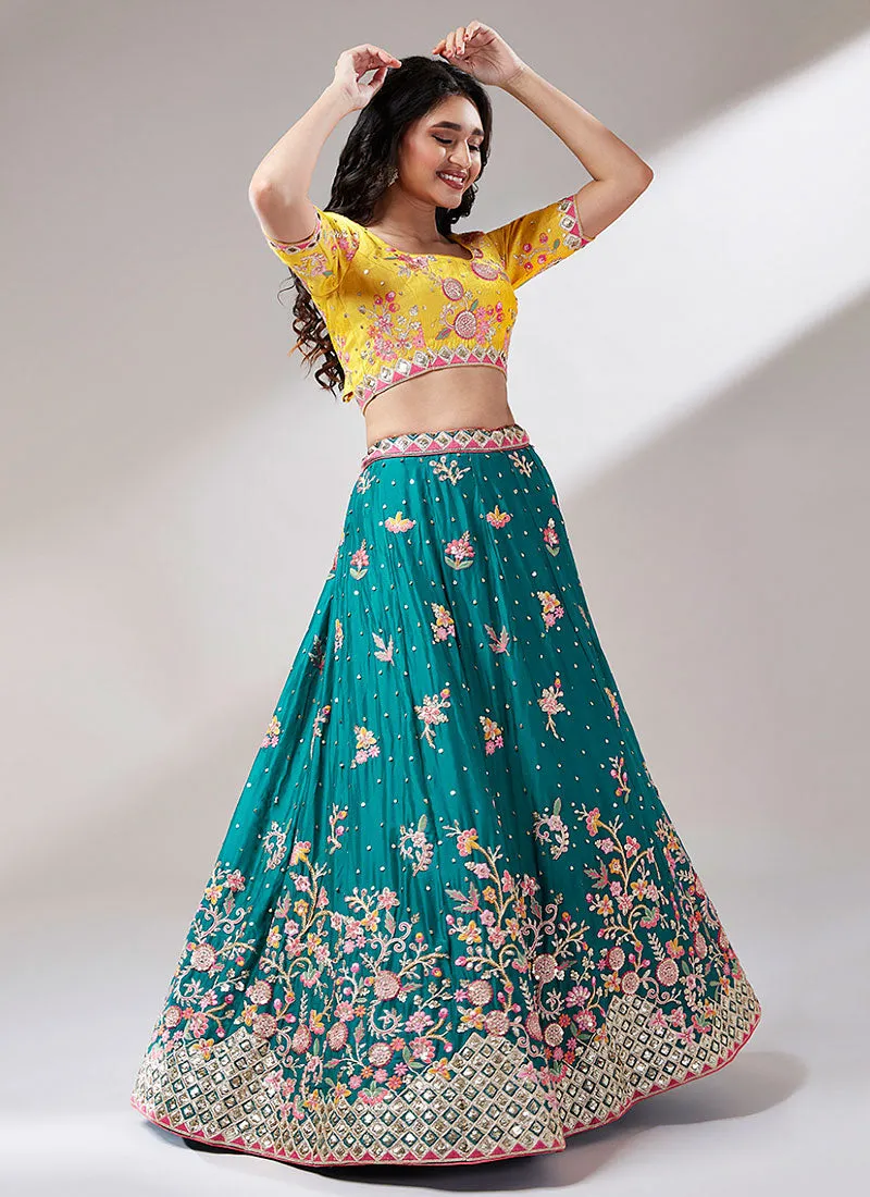 Turquoise And Yellow Multi Embroidery Lehenga Choli And Dupatta