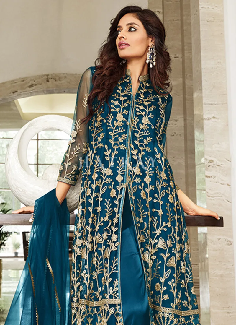 Turquoise Embroidered Designer Anarkali Suit