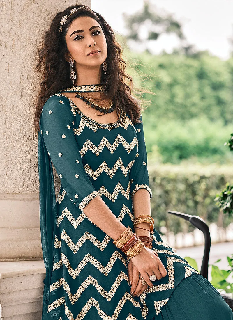 Turquoise Ethnic Embroidered Designer Gharara Suit