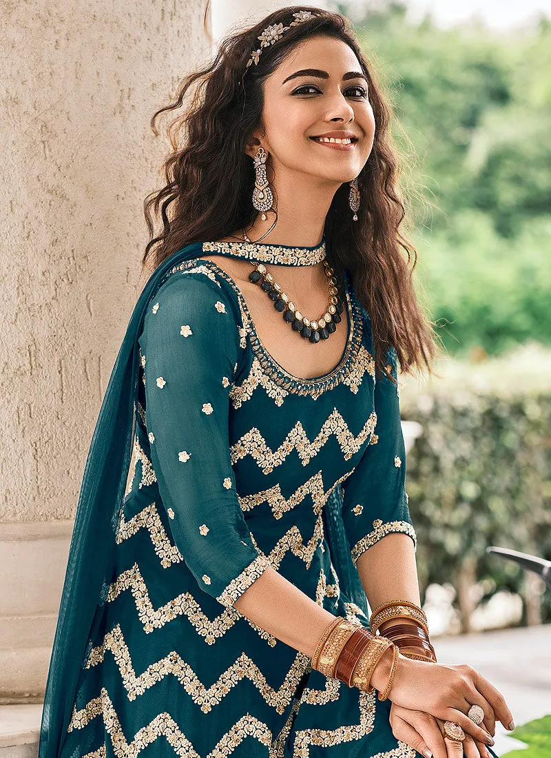 Turquoise Ethnic Embroidered Designer Gharara Suit