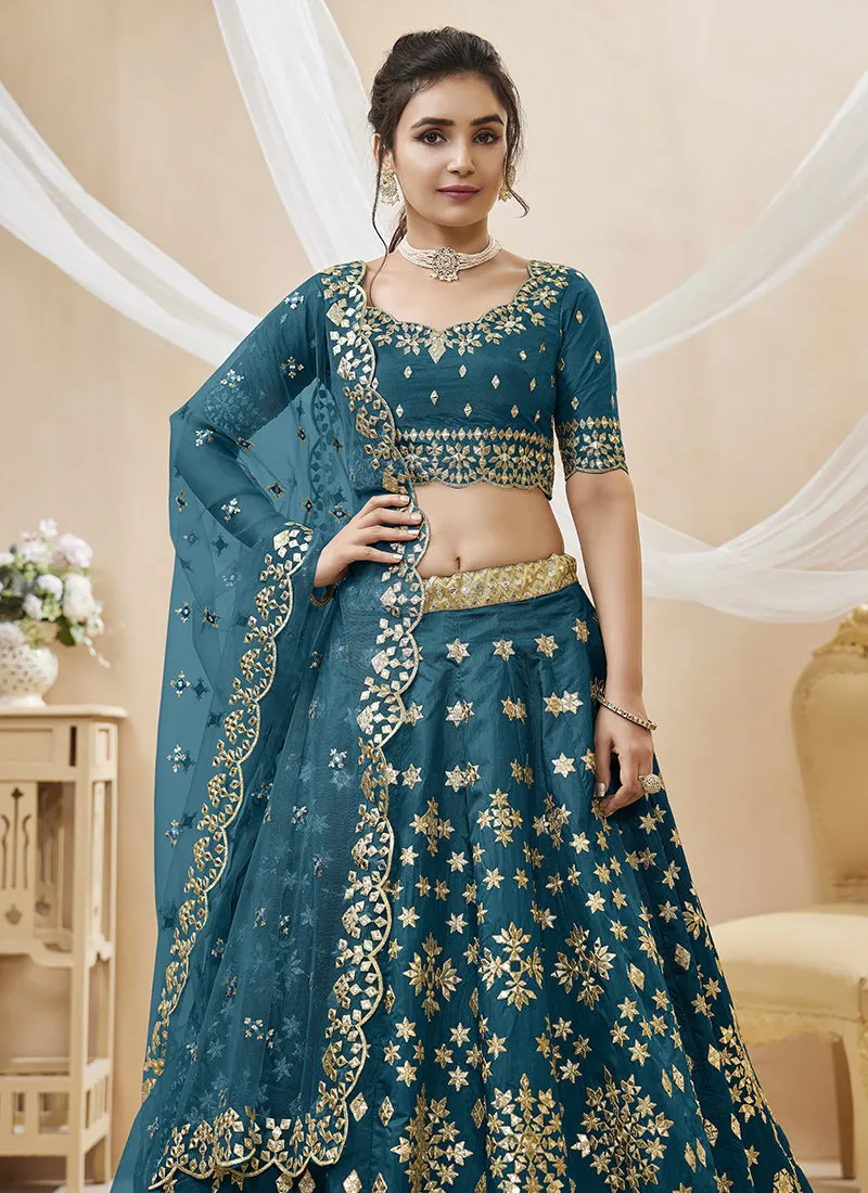 Turquoise Mirror Embroidery Traditional Lehenga Choli