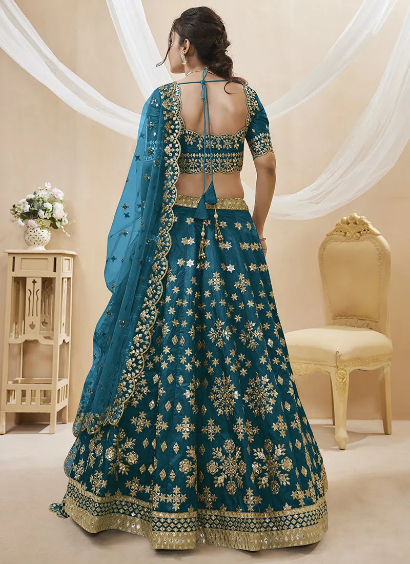 Turquoise Mirror Embroidery Traditional Lehenga Choli