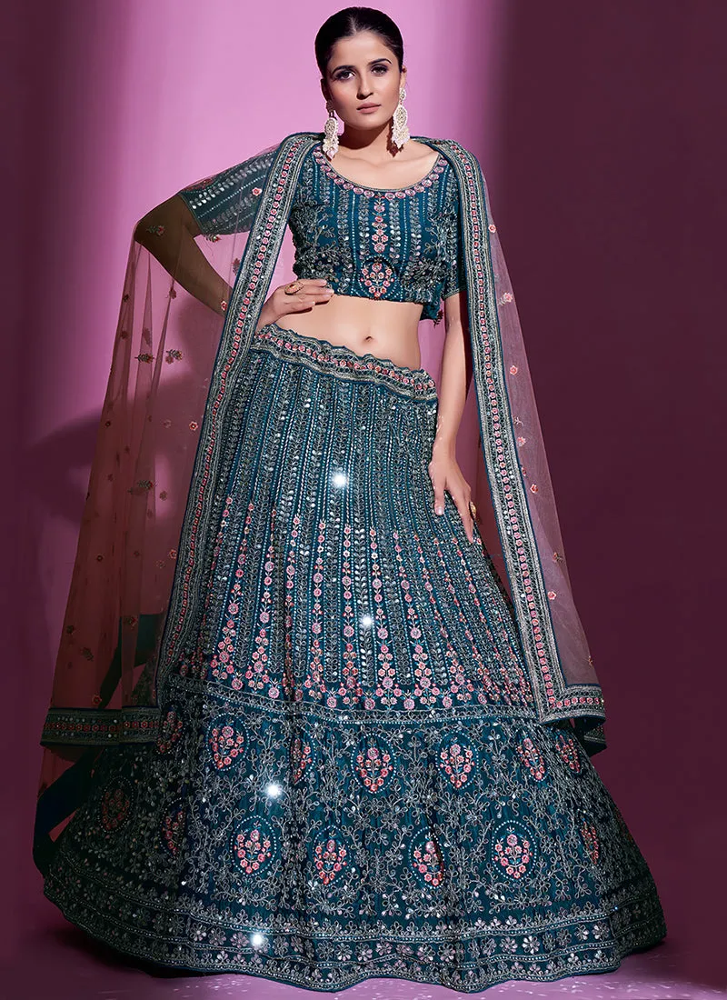 Turquoise Mirror Work Embroidery Wedding Lehenga Choli