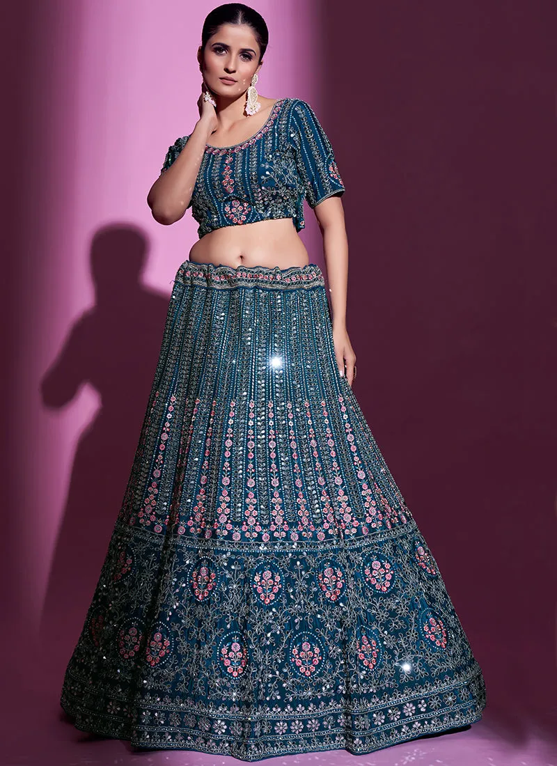 Turquoise Mirror Work Embroidery Wedding Lehenga Choli