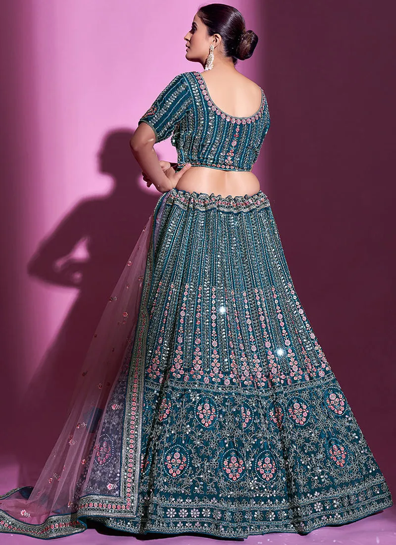 Turquoise Mirror Work Embroidery Wedding Lehenga Choli