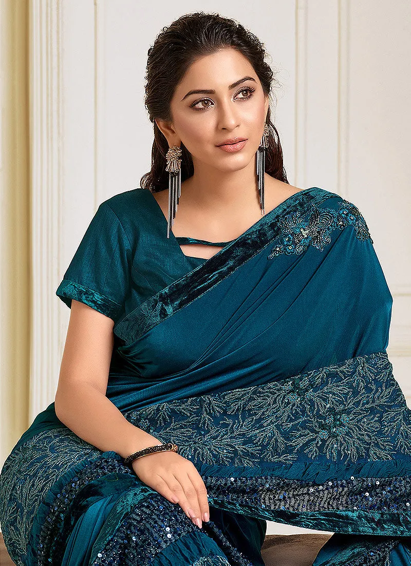Turquoise Sequence Embroidered Designer Saree