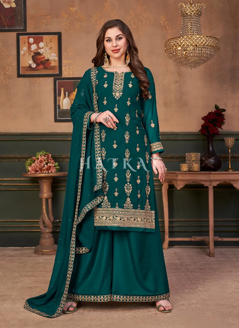 Turquoise Traditional Embroidered Designer Palazzo Suit